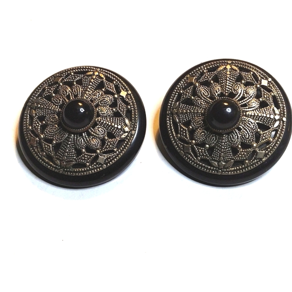 2 BAKELITE BLACK SILVER BUTTONS 1 3/4"
